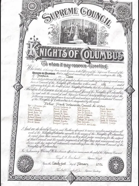 The 1991 charter granted by the Supreme Council of the Knights of Columbus to Father Frank Urbanovsky Council No. 10,562 in Pasadena, Texas